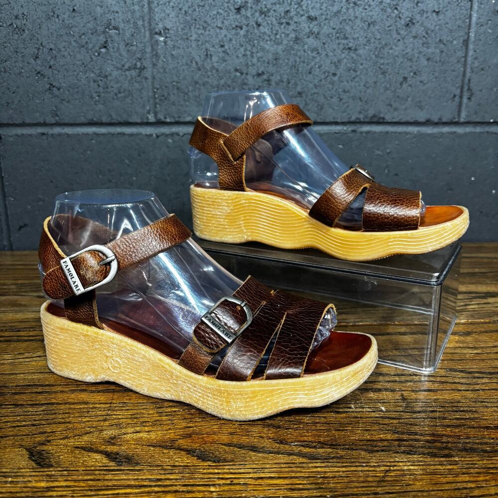Vintage 70’s Famolare “Get There” Brown Leather Platform Wedge Sandals Size 7